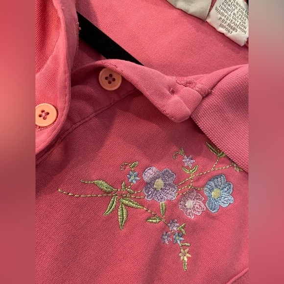 VTG Blair Size L Pink Floral Embroidered Short Sleeve Polo Shirt Ribbed Waist - Picture 10 of 10